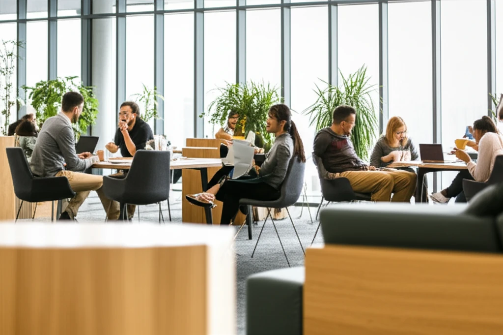 개선된 기업 휴게실의 모습. 벽면에 책장이 있고, 소파에 앉아 휴식을 취하는 직원의 뒷모습이 자연스럽게 포착되었다. 창문으로 들어오는 부드러운 자연광이 실내를 채운다.