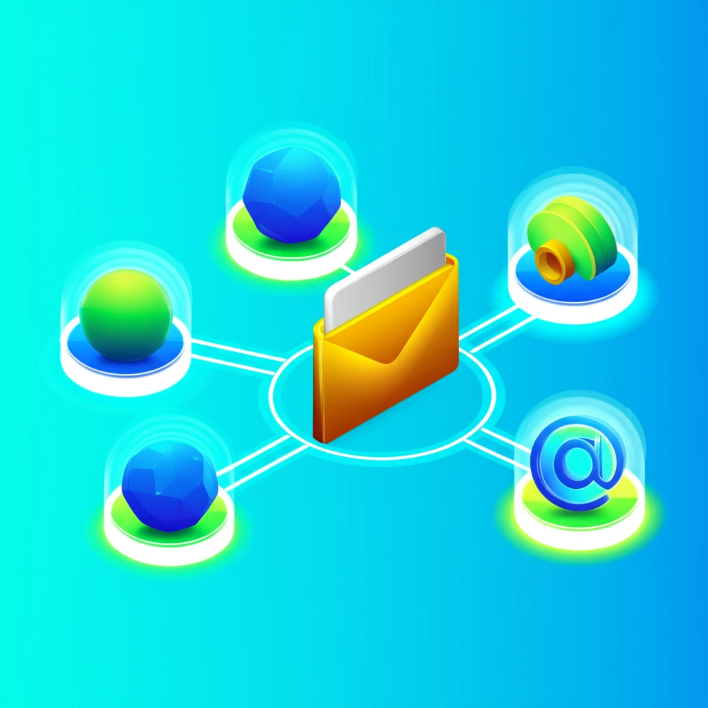 다음 메일 통합 관리 앱 개념을 보여주는 이미지: 스마트폰 화면에 여러 메일 앱 아이콘이 하나의 다음 메일 앱으로 모이는 모습