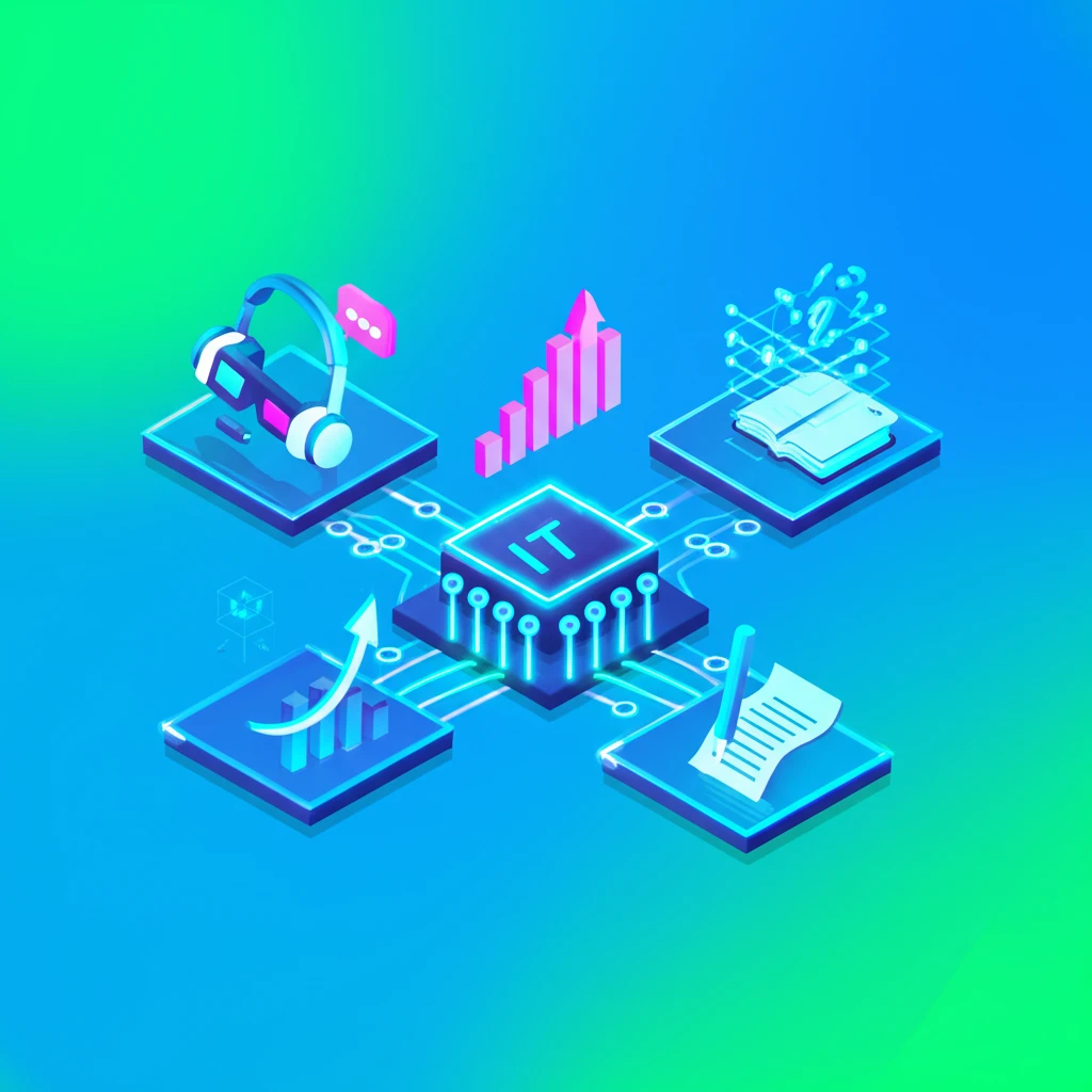 고해상도 상업용 사진 스타일: 깔끔한 원목 책상 위에 놓인 스마트폰과 태블릿 화면에 다음 메일과 여러 IT 서비스 아이콘이 표시된 라이프스타일 이미지